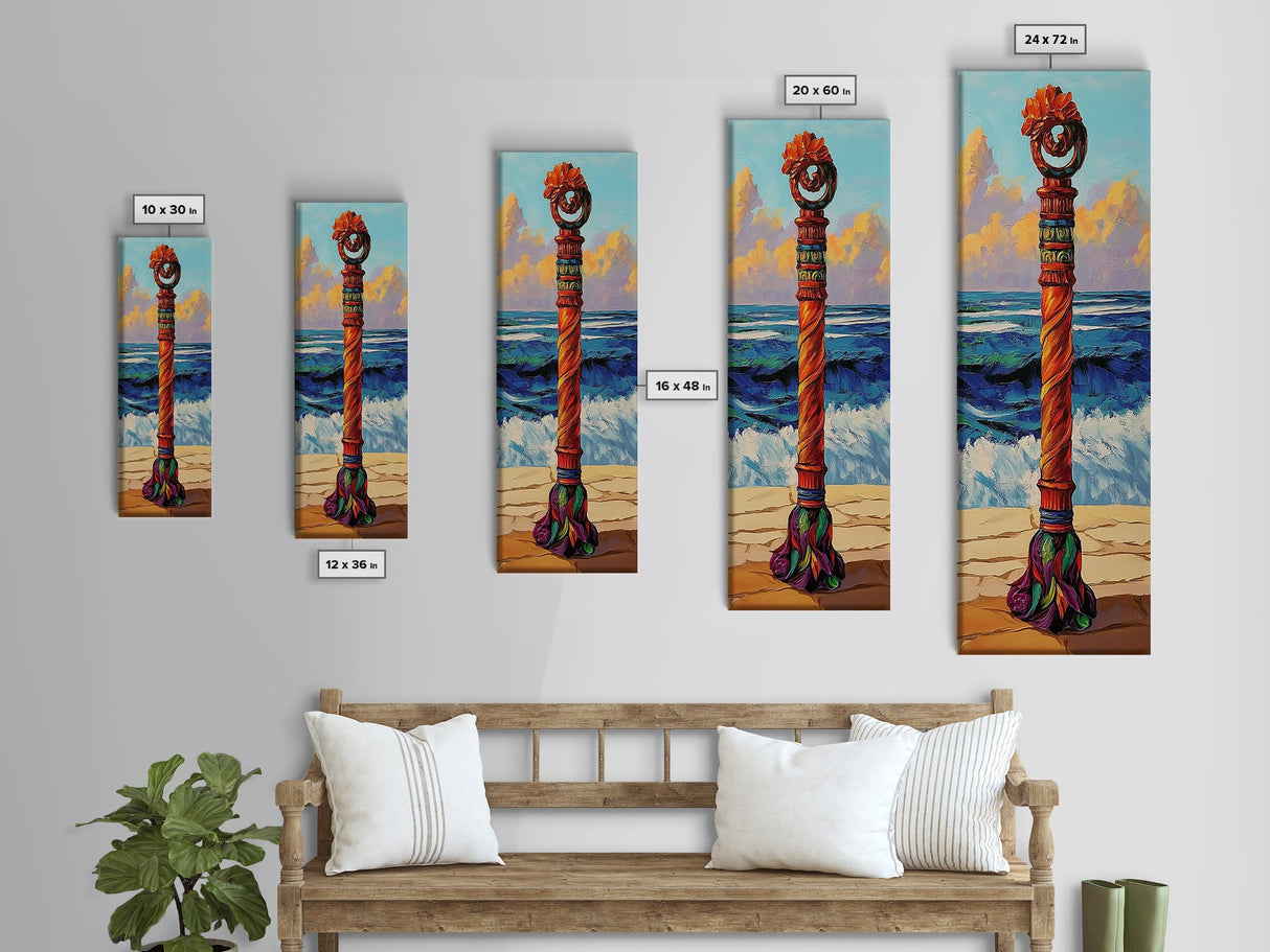 Coastal Totem, Bold, Art, Framed Canvas Print tropical tribal decor, ocean beach vibes, colorful surfside pole painting, seaside living room