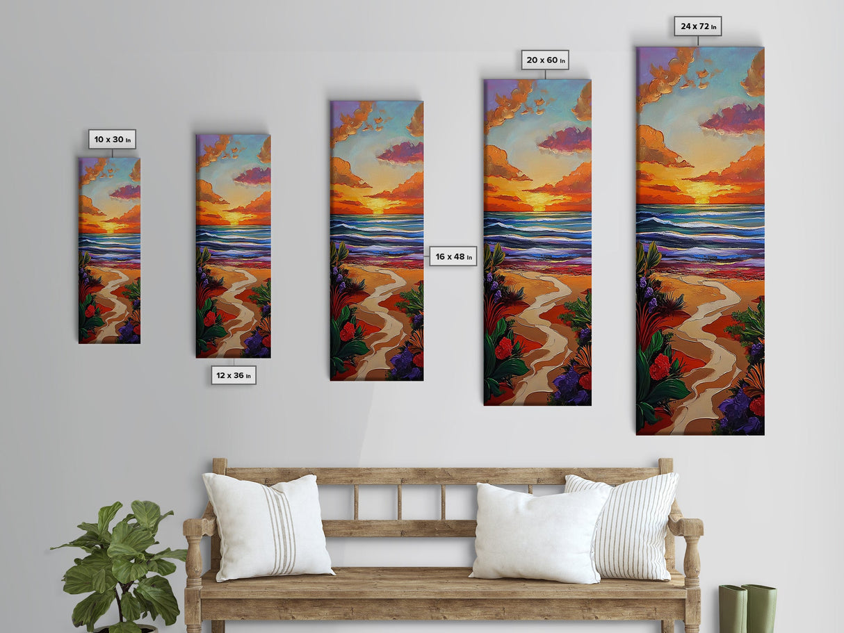 Path Beach, Sunset, Tropical Canvas Print scenic path to ocean wall decor, vibrant beach sunset artwork, tropical boho art, entryway art