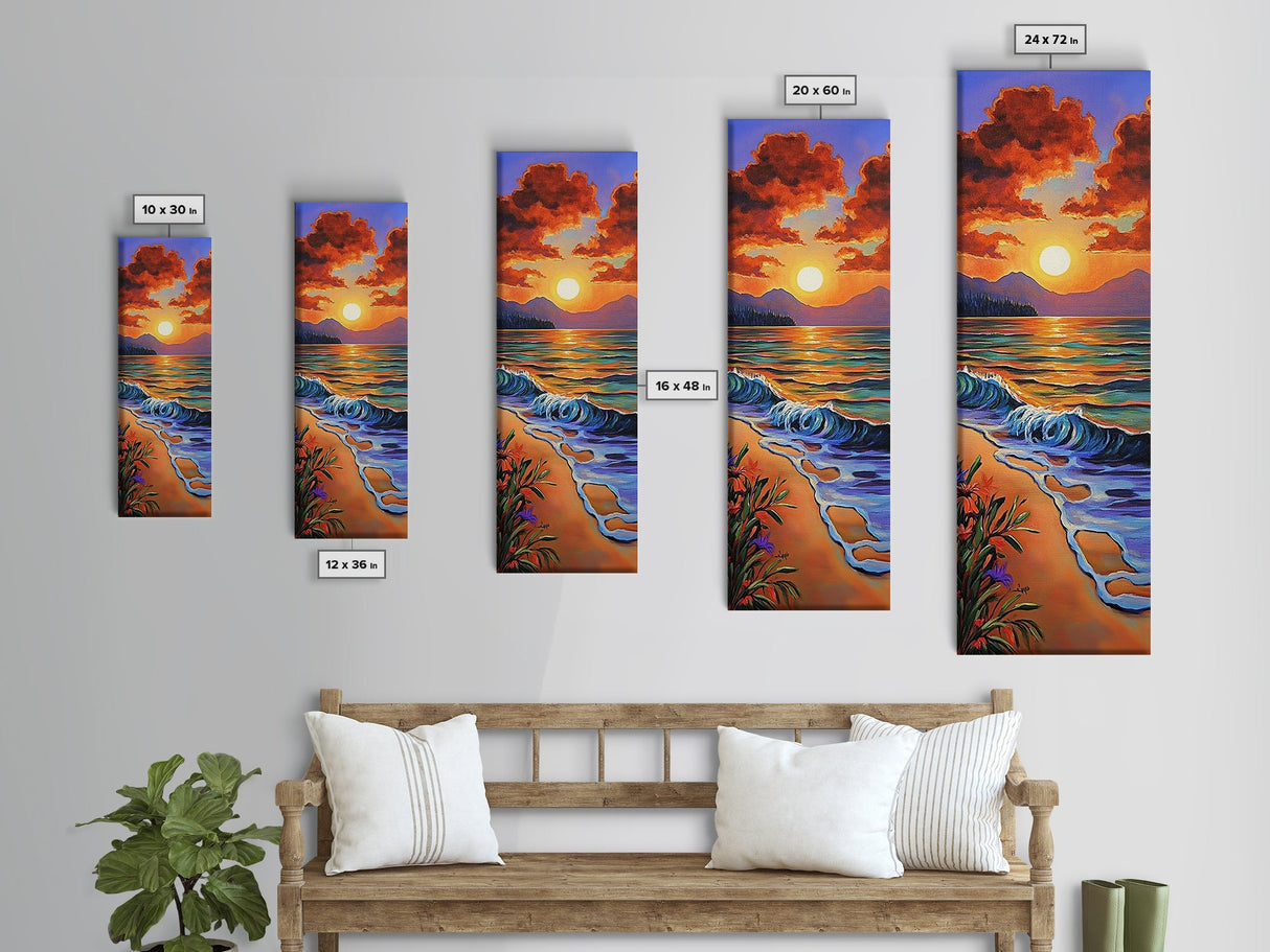 Beach Sunset, Clouds, Coastal Canvas Print vibrant tropical sunset painting, ocean waves art, colorful coastal decor, summer home wall art