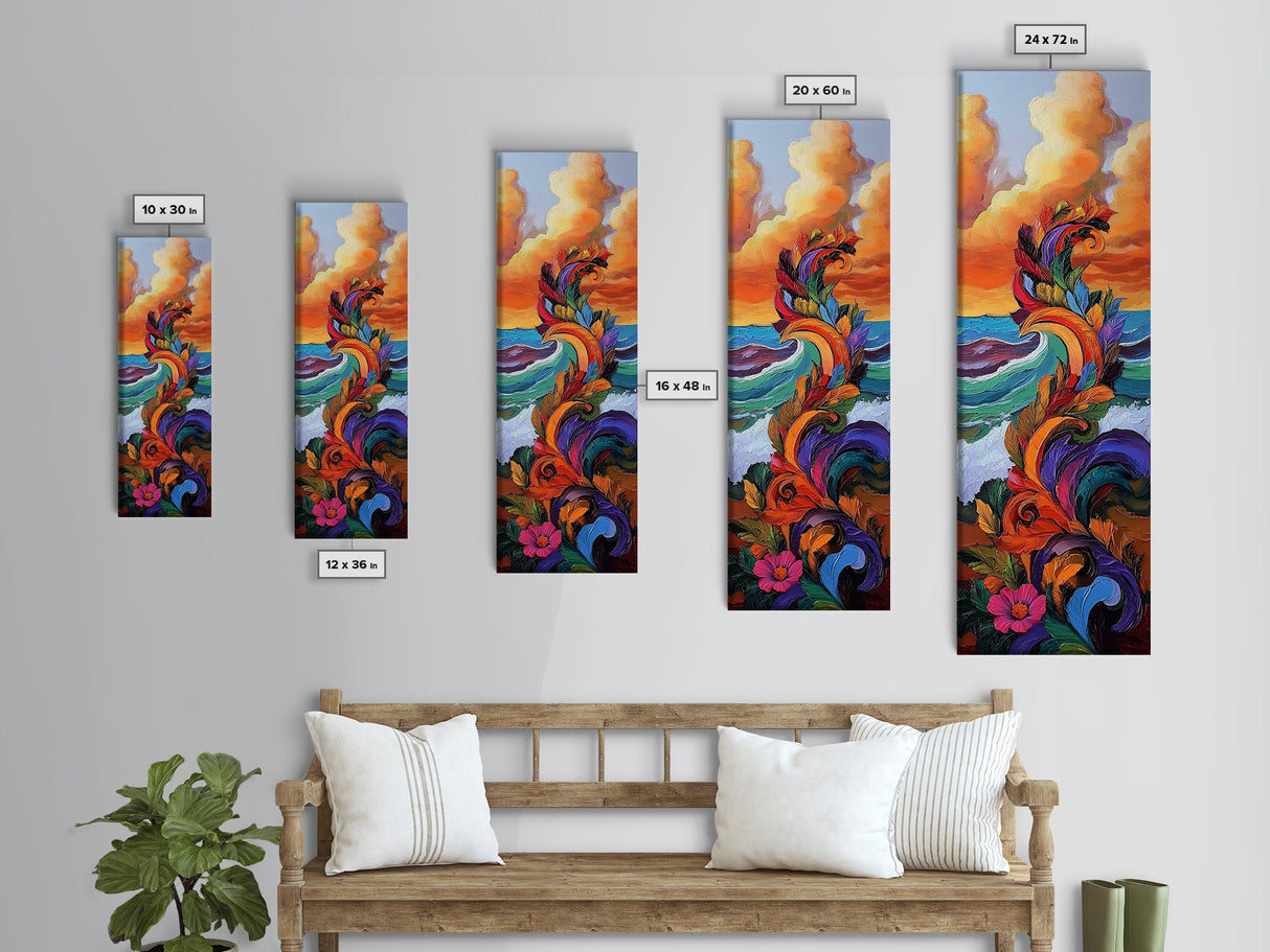 Wave Leaves, Sunset, Canvas Print, Abstract Ocean Wall Art, Bright Boho Decor, Living Room Seascape, Coastal Nature Painting