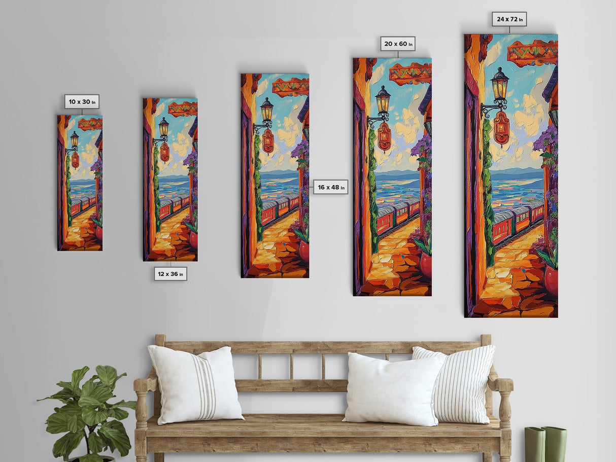 Train Seaside, Pathway Charming — Framed Canvas Print, whimsical travel artwork, Mediterranean street painting, kitchen decor, coastal scene