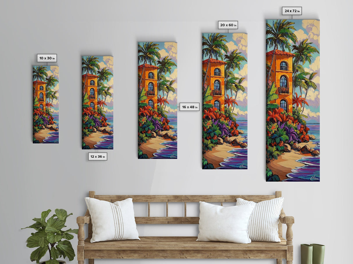 Villa Palms, Beach Colorful — Framed Canvas Print, tropical vacation home decor, beach house art, vibrant coastal scene, entryway print