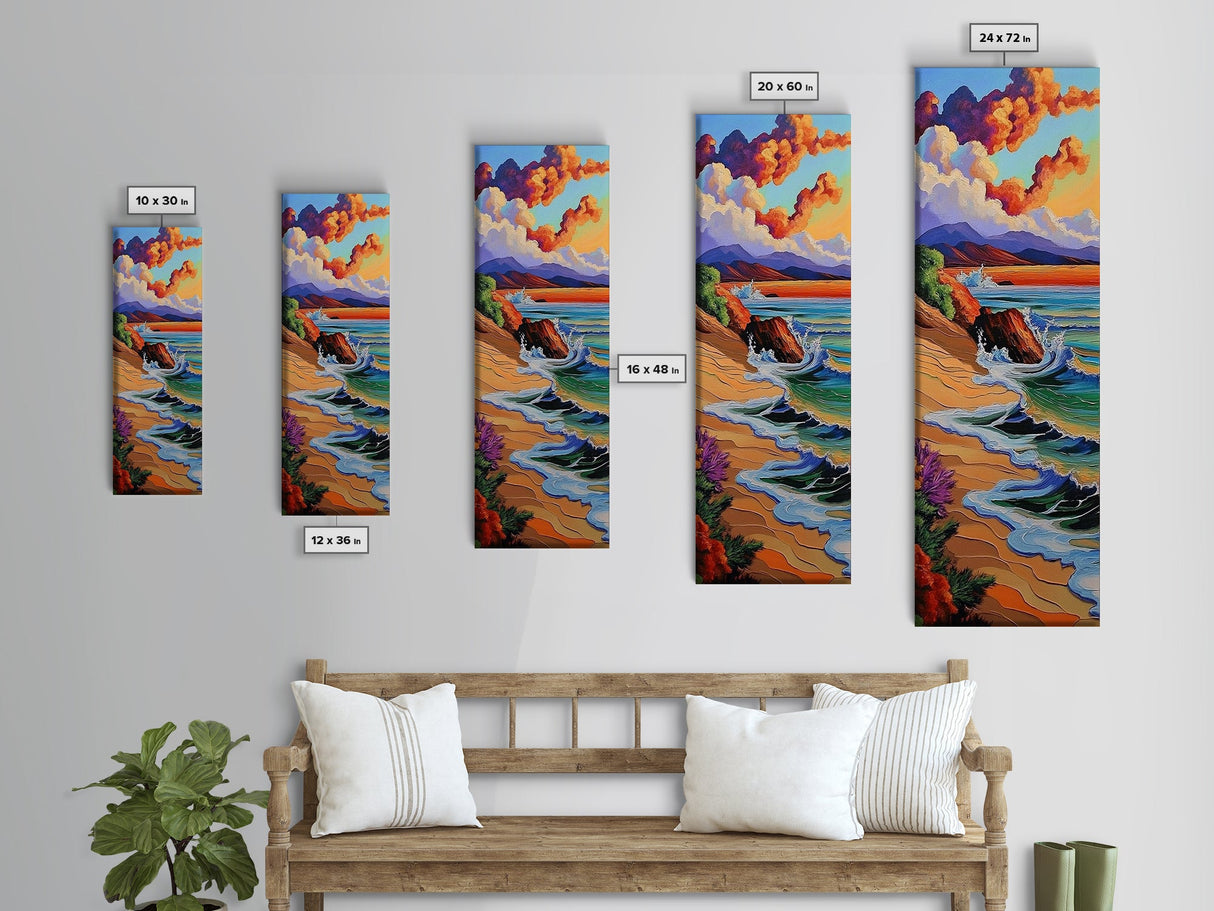 Sunset Beach, Bold Coastline, Ocean Horizon Art, Framed Canvas Print, Modern Landscape Wall Art, Vibrant Living Room Seascape