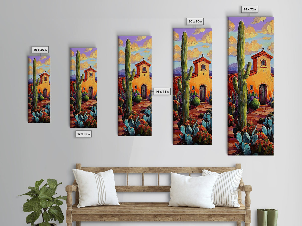 Mission Cactus, Desert Sunset – Southwestern Church Wall Art, Rustic Fall Colors, Framed Canvas Print, Living Room Boho Style