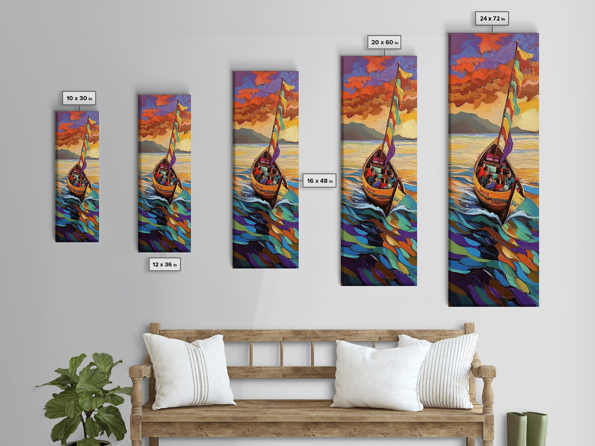 Colorful Boat, Sunset Sea, Vibrant Ocean Scene, Framed Canvas Print, Coastal Wall Decor, Eclectic Living Room Art, Nautical Wall Art