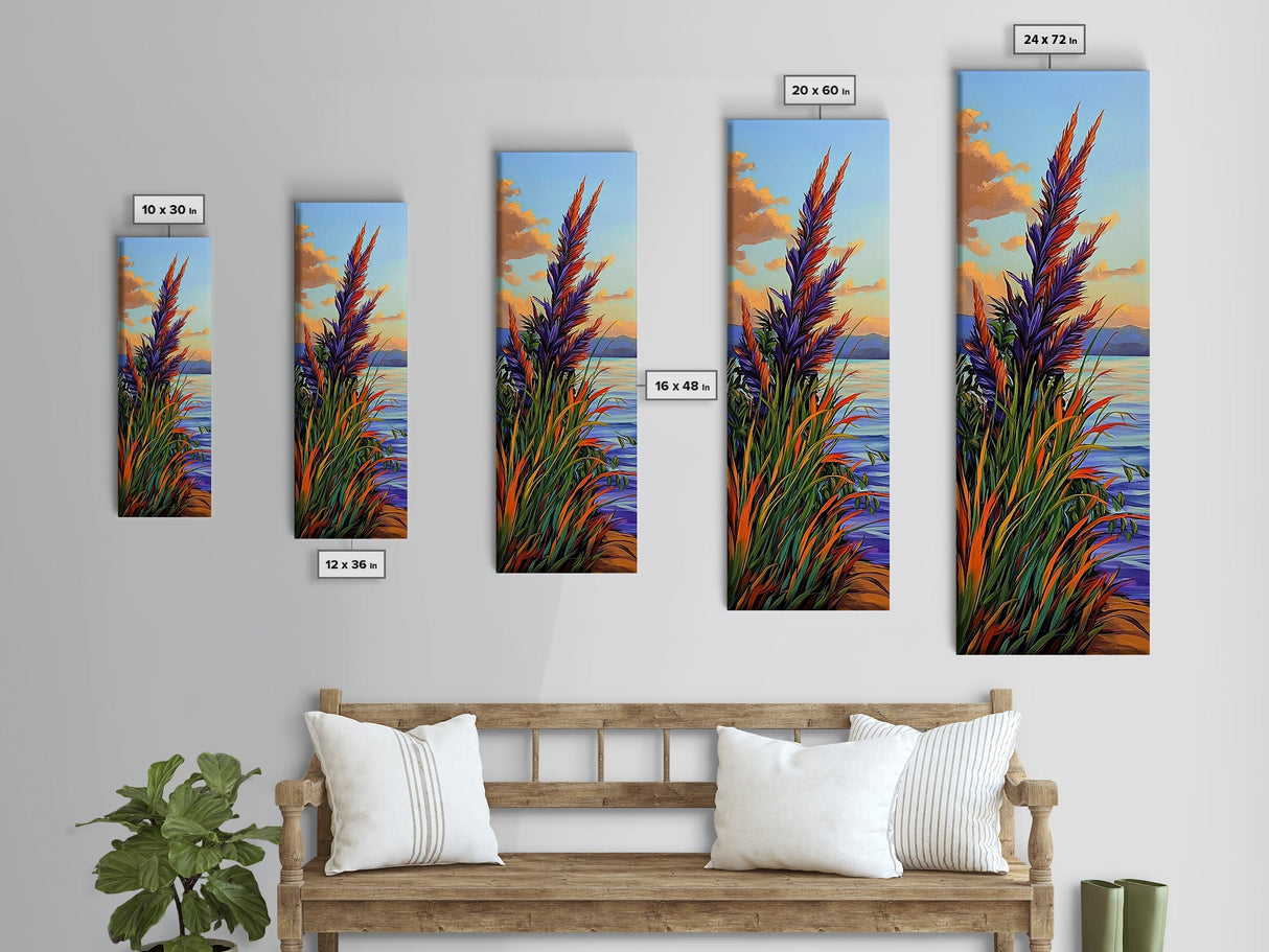 Feather Grass, Sunset Field, Colorful Coastal Landscape, Framed Canvas Print, Boho Bedroom Wall Art, Nature Inspired Living Room Decor