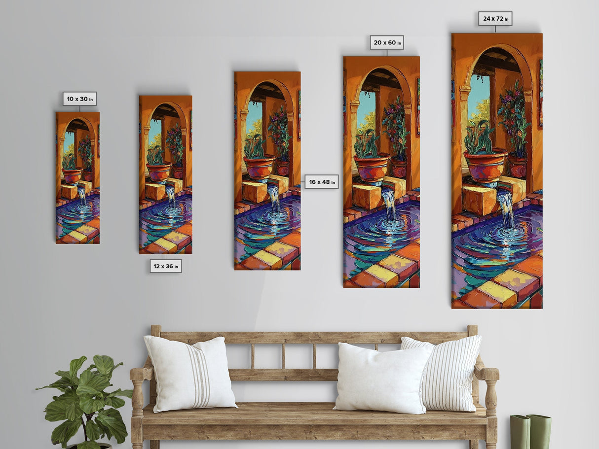Courtyard Fountain, Terracotta Colors, Spanish Style Decor, Framed Canvas Print, Rustic Kitchen Wall Art, Mediterranean Patio Scene