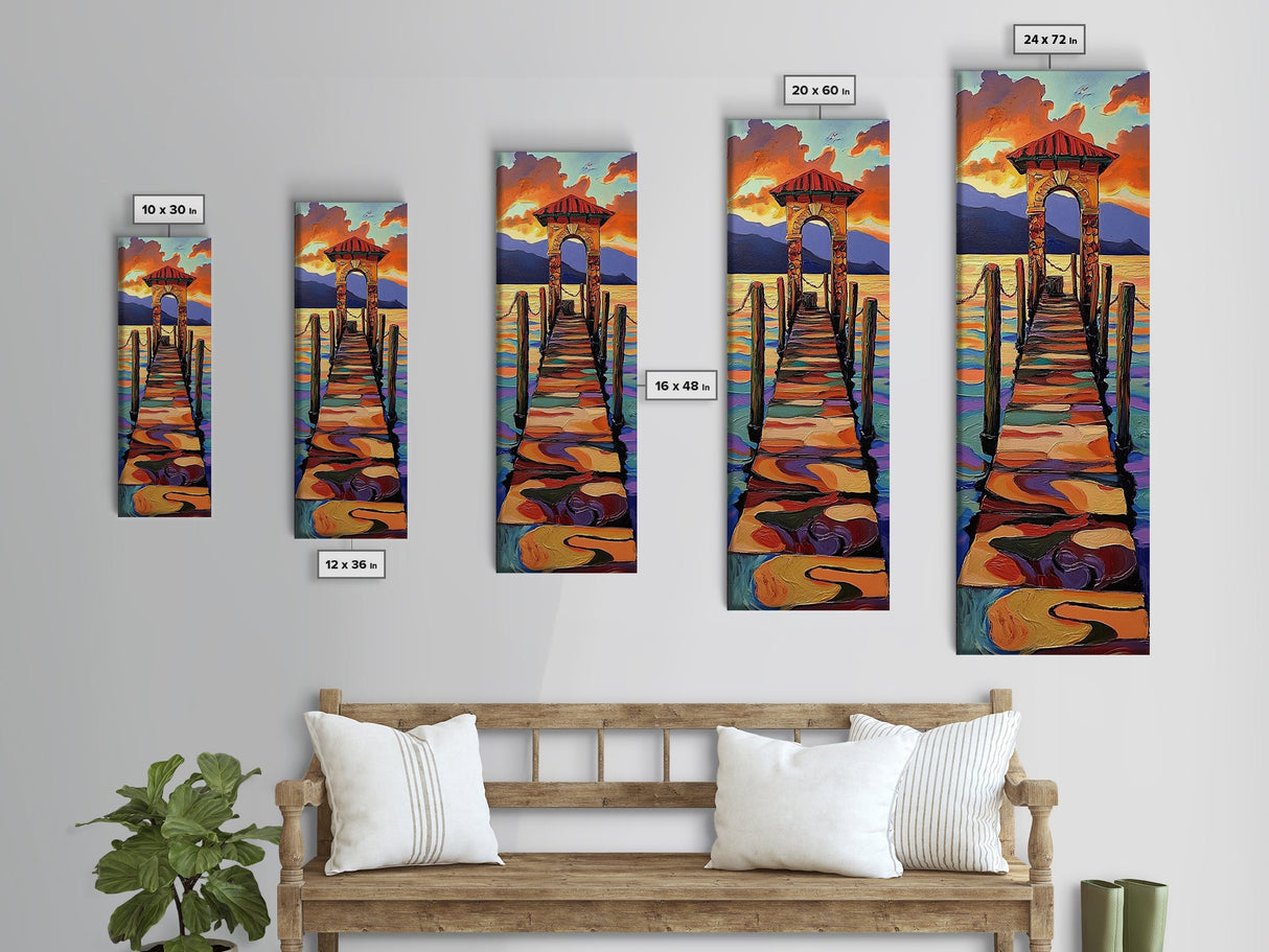 Sunset Pier, Pathway, Landscape, Framed Canvas Print, Coastal Wall Art, Sunset Beach Decor, Living Room Art, Colorful Landscape Painting
