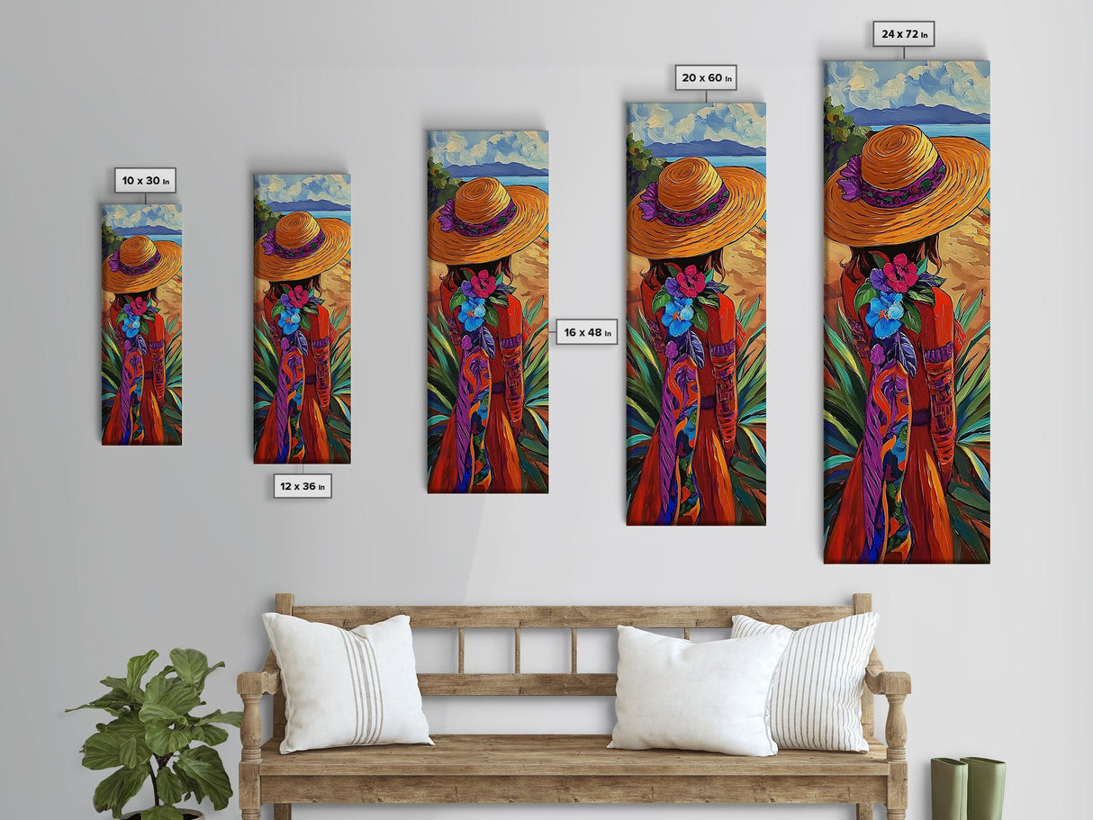 Woman Hat, Flowers, Beach, Canvas Print, Boho Wall Art, Coastal Bedroom Decor, Mexican Art Style, Colorful Summer Wall Accent