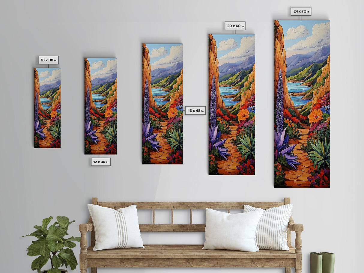 Colorful Desert, Garden, Pathway, Framed Canvas Print, boho art, hallway wall decor, vibrant landscape painting, cactus desert art