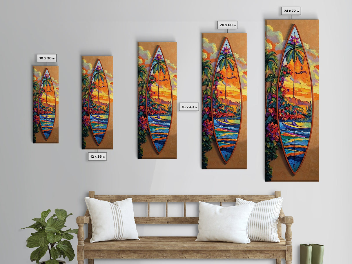 Surfboard Tropical, Sunset, Palm, Framed Canvas Print, Hawaiian surf art, beach house decor, vibrant coastal living room artwork