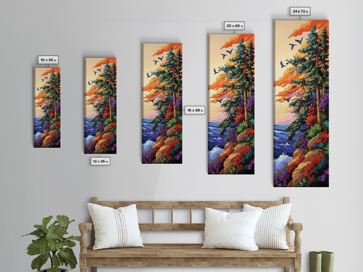 Forest Cliffside, Birds, Ocean, Canvas Print, vibrant fall art, whimsical nature scene, cabin wall art, living room or den decor