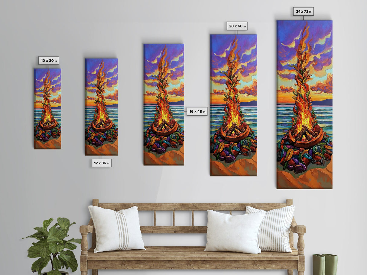 Vibrant Campfire, Sunset Beach – Colorful Beach Bonfire Painting, Fall Outdoor Wall Art, Framed Canvas Print, Cabin Living Room Style