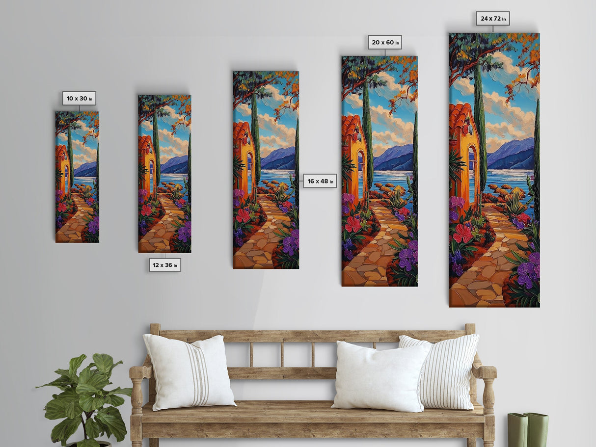 Seaside Garden, Pathway Escape, Framed Canvas Print, Mediterranean wall art, kitchen wall decor, colorful boho art, coastal landscape