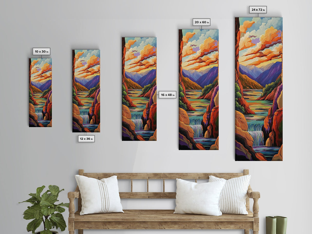 Canyon Sunset, Waterfall Calm, Framed Canvas Print, dramatic mountain wall art, nature inspired living room decor, colorful scenic landscape