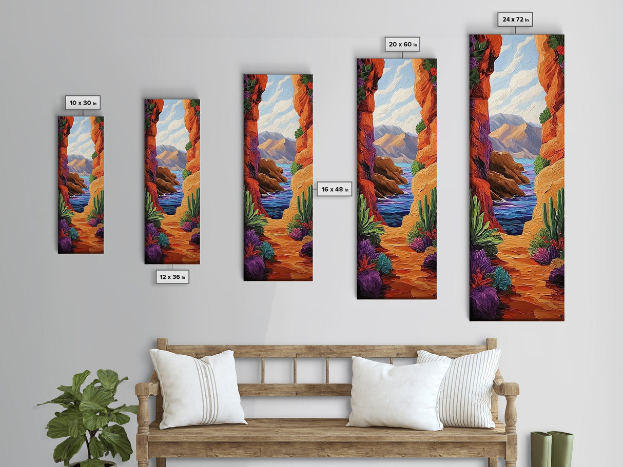 Desert Ocean, Cactus View, Framed Canvas Print, southwestern boho wall art, colorful nature painting, rustic hallway decor, warm earth tones