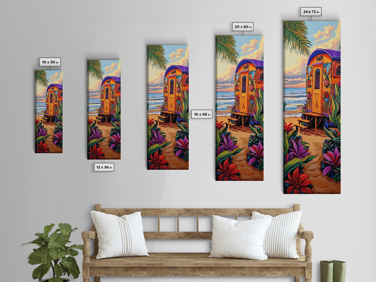 Tropical Camper, Beach Sunset, Framed Canvas Print, beach house wall decor, boho camper wall art, colorful coastal painting, fun summer vibes