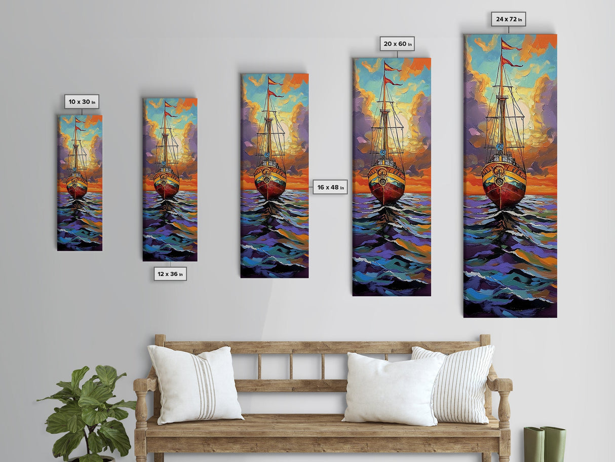 Pirate Ship, Sunset Ocean, Framed Canvas Print, nautical wall art, sailing adventure painting, moody seascape decor, office or den wall art
