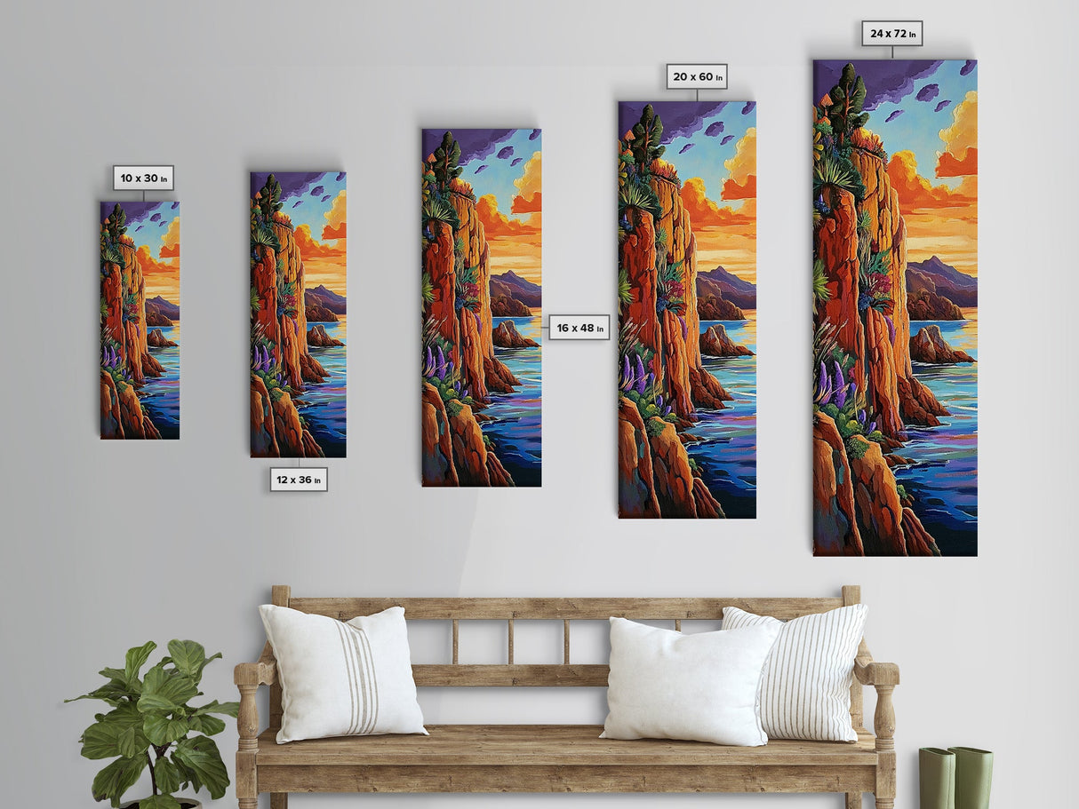 Sunset Cliffside, Ocean Tropical, Framed Canvas Print, Bold rocky coastline painting, tropical wall art, den or office decor piece
