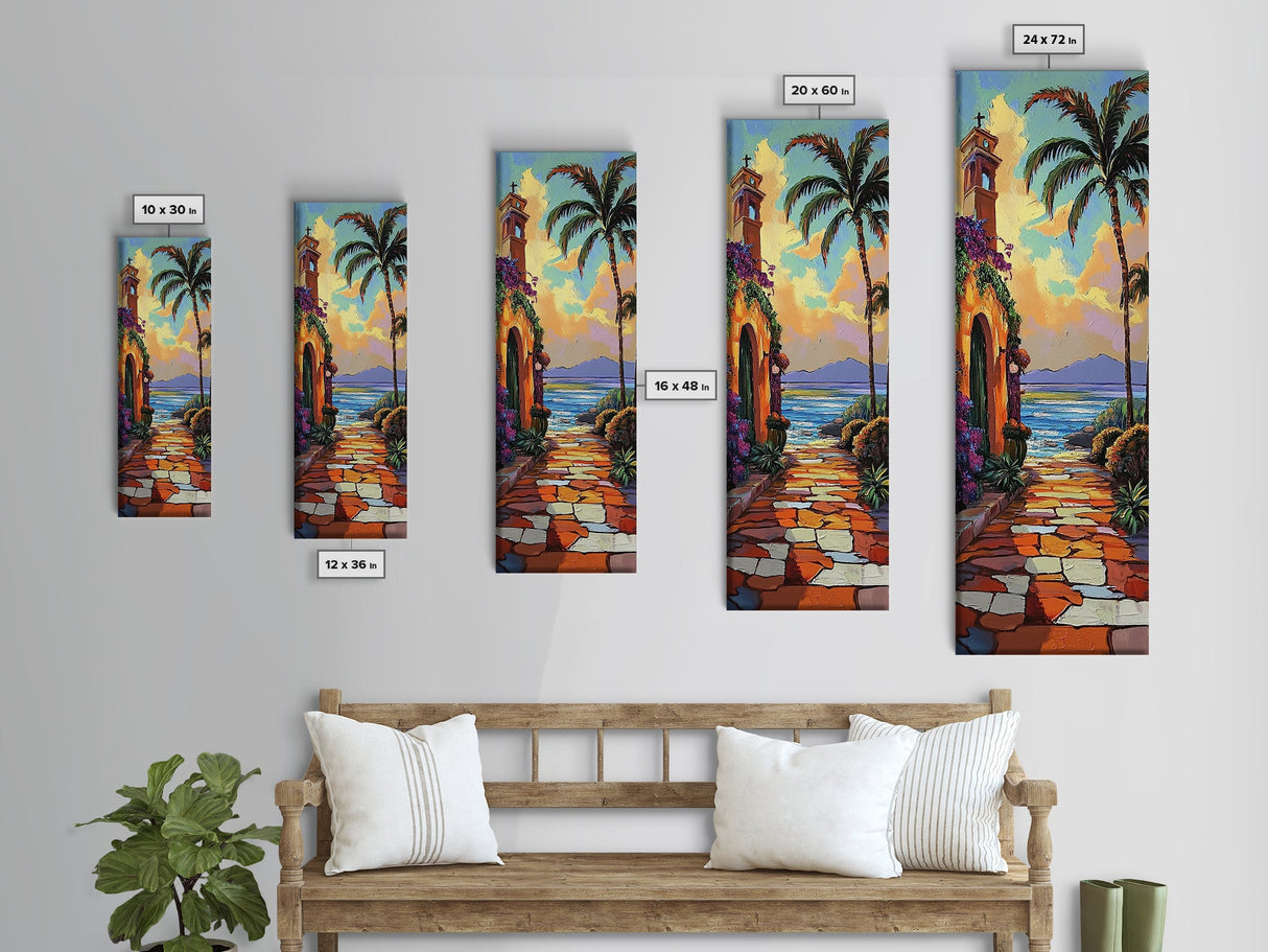 Seaside Church, Palms, Sunset - Framed Canvas Print, Mediterranean beach painting, boho villa wall art, living room or hallway accent piece