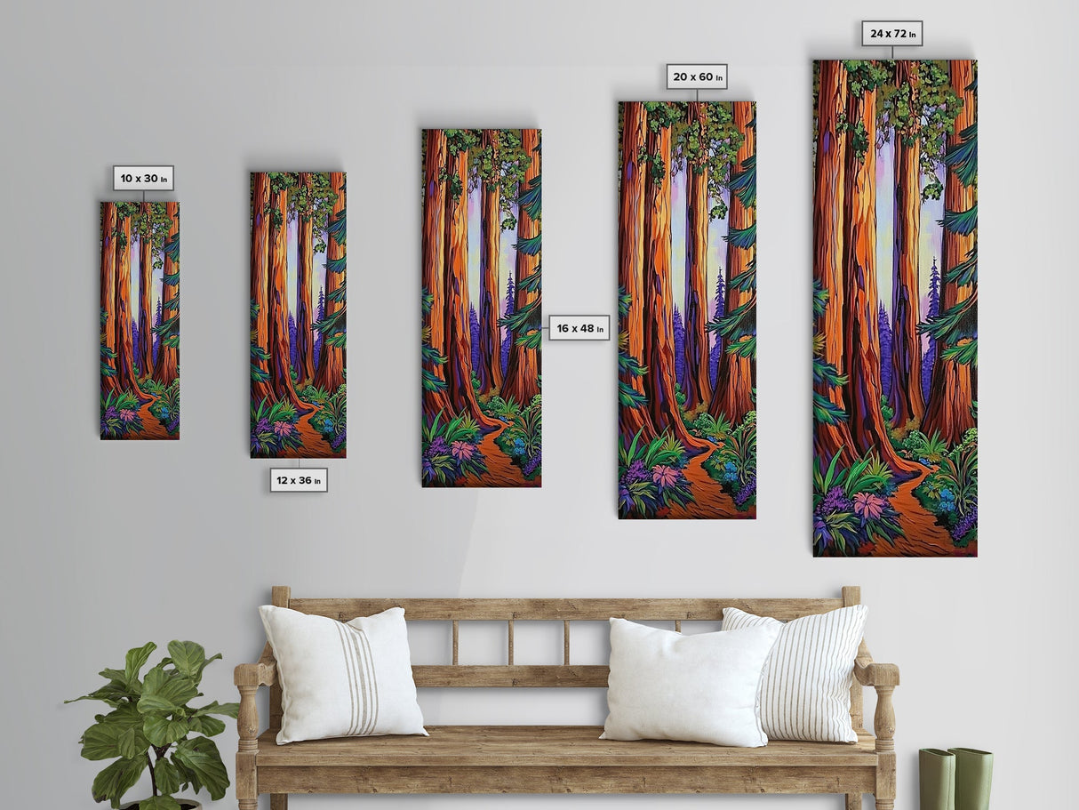 Redwood Forest, Pathway, Serenity - Framed Canvas Print, majestic tall trees art, calming woodland wall décor, rustic cabin or den decor