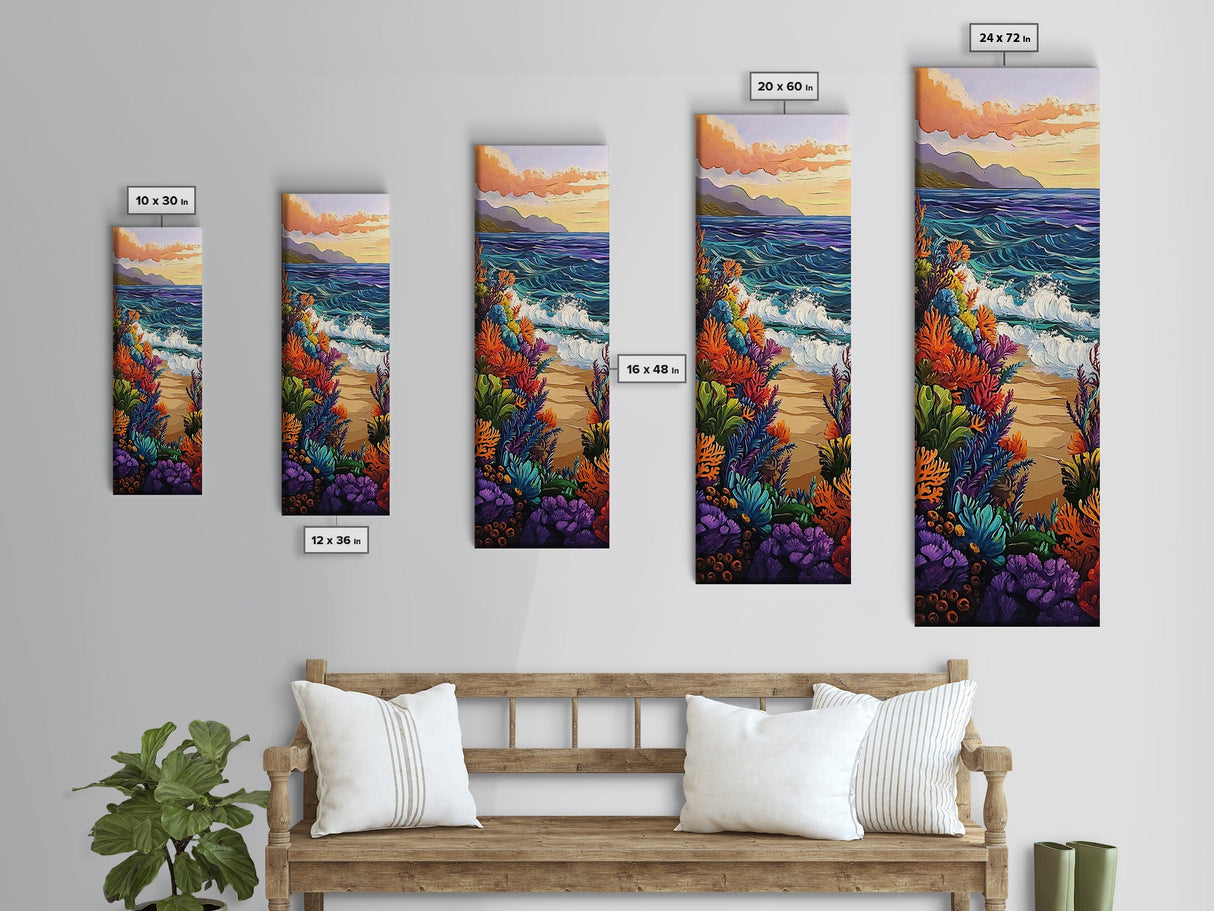 Ocean Waves, Coral Sunset, Canvas Print, Coastal living room wall art, colorful seascape painting, underwater reef design, tropical beach vibe