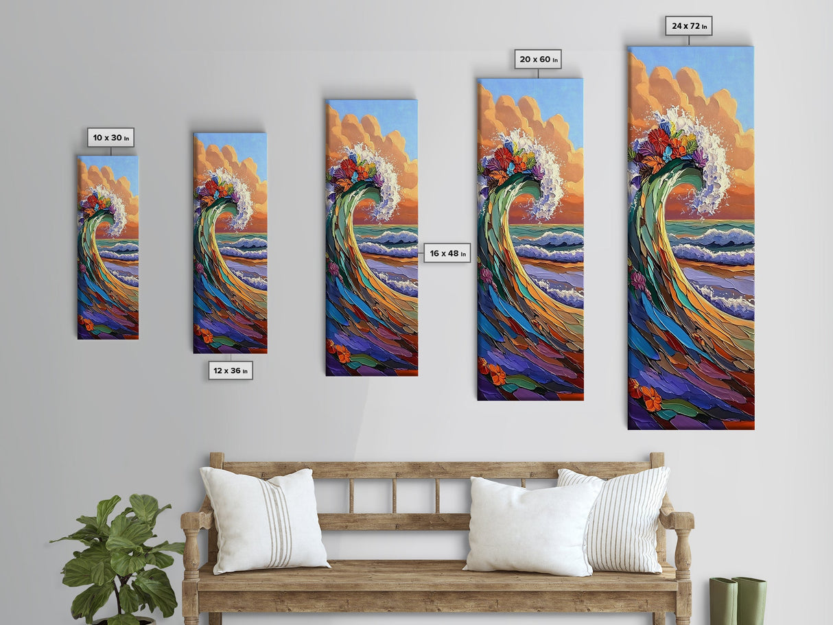 Wave Flowers, Ocean Motion, Canvas Print, Vibrant seascape wall art, tropical wave painting, boho coastal living room decor, sunset surf vibe