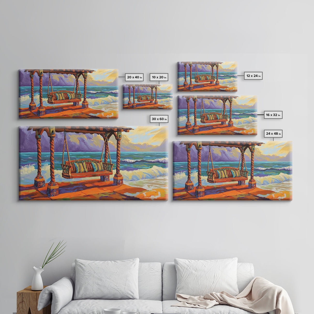 Swing Ocean, Sunset, Relaxing Coastal Art Canvas Print, Beach Swing Decor, Vibrant Seaside Living Room Wall Art, Boho Style