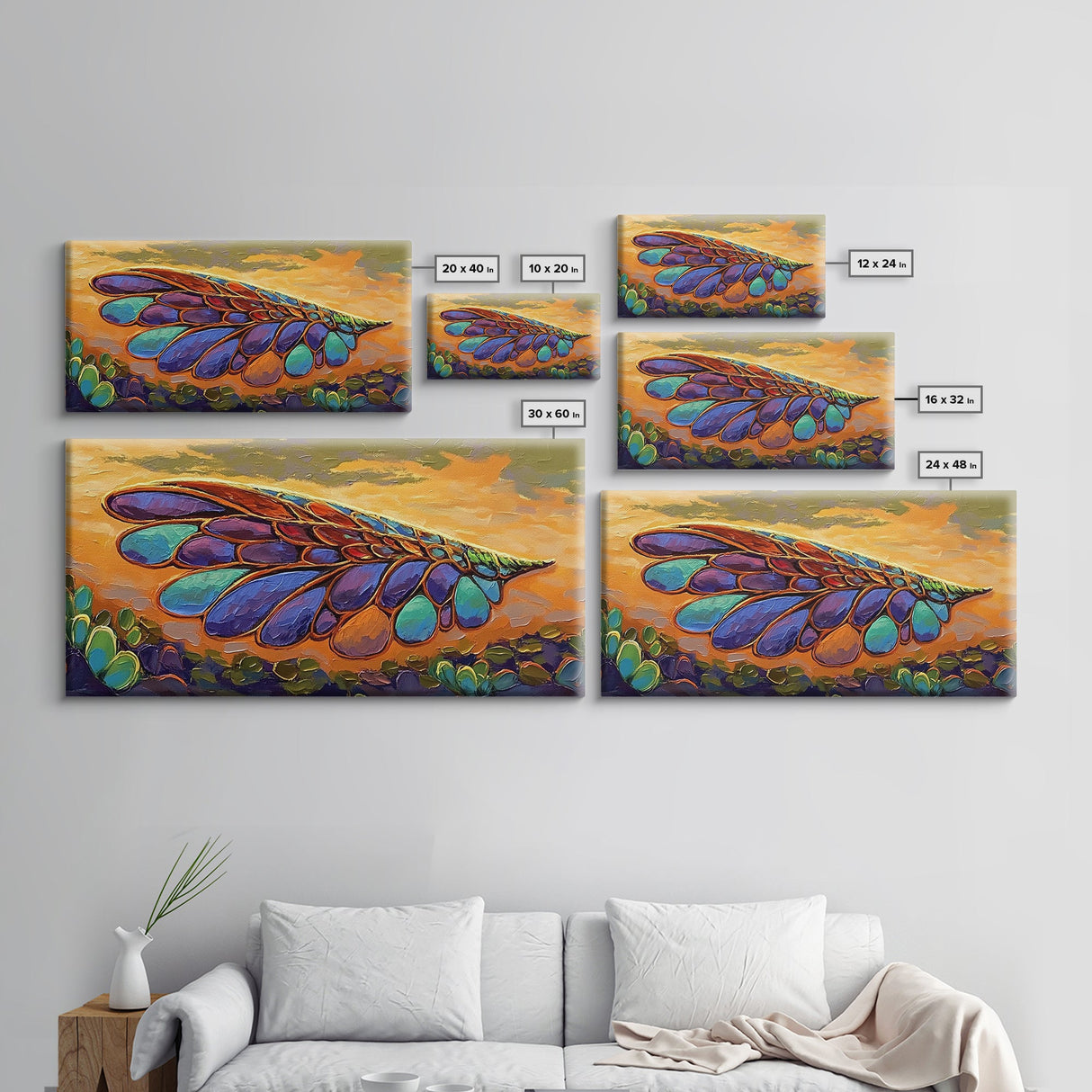 Wings Sunset, Nature, Abstract Boho Wall Art Framed Canvas Print, Colorful Dragonfly Wing Design, Living Room Focal Piece