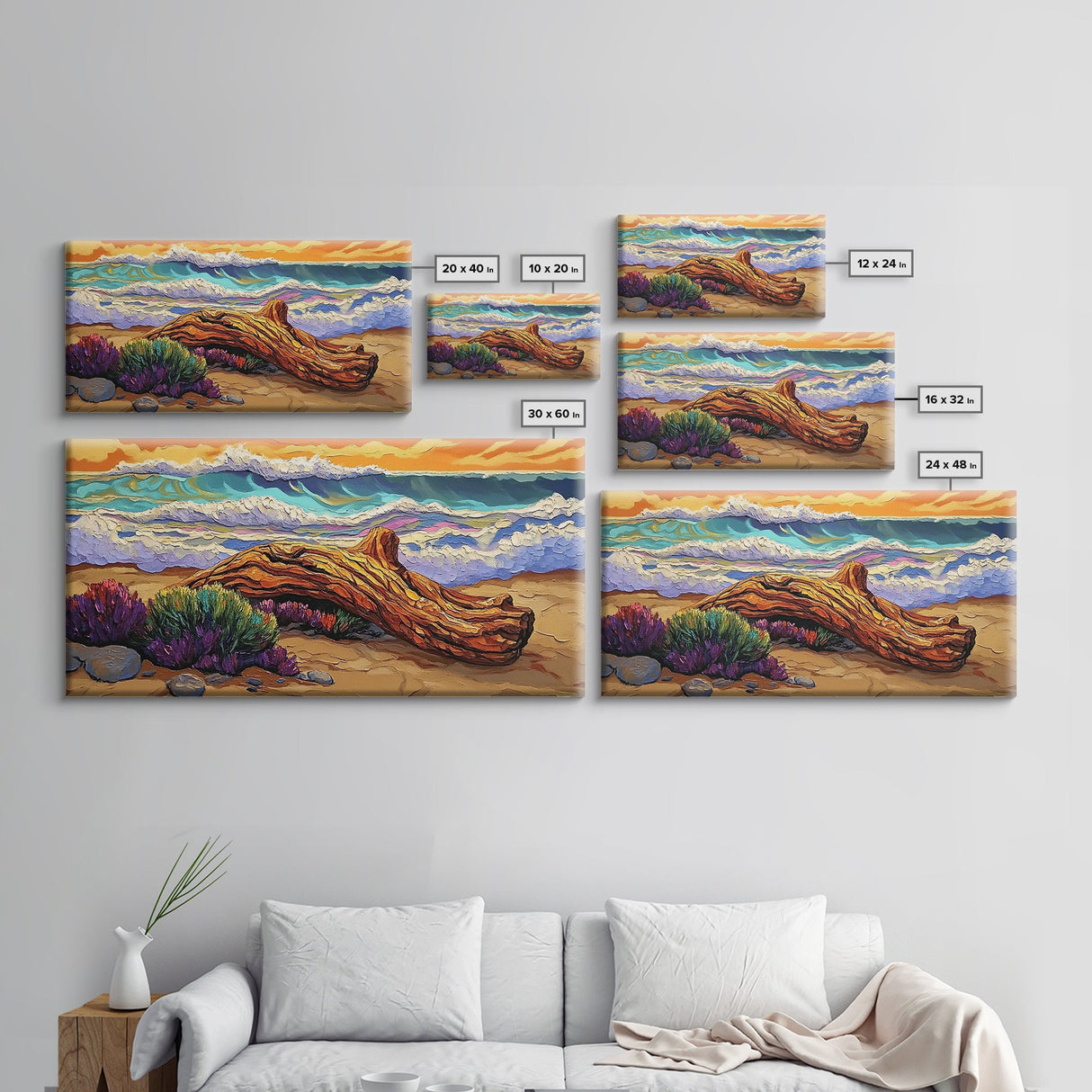 Coastal Driftwood, Waves, Sunset, Framed Canvas Print, ocean beach decor, colorful seascape, tropical wall art, living room wall art