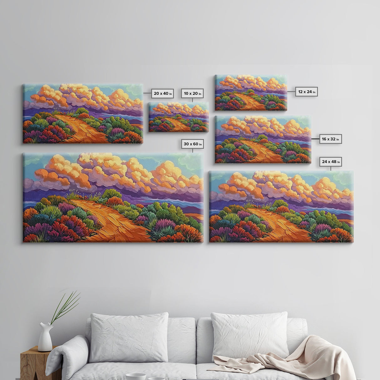 Autumn Trail, Clouds, Flowers, Canvas Print, fall mountain trail painting, landscape wall art, rustic cabin decor, hallway artwork