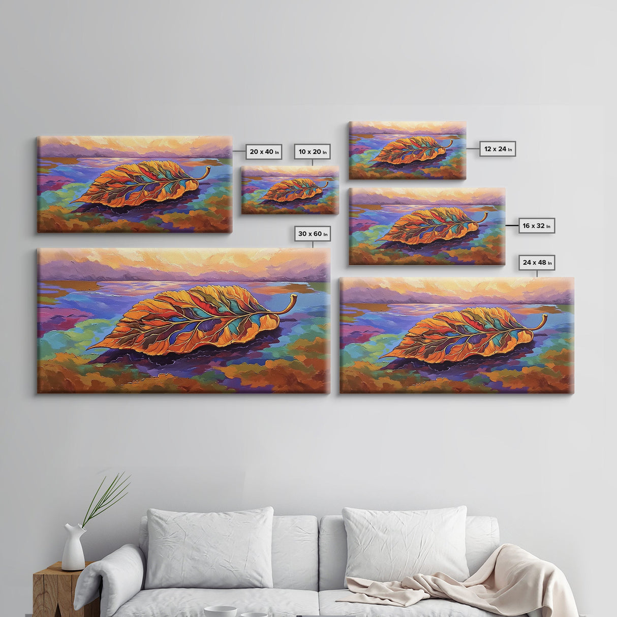Leaf Autumn, Abstract, Abstract multicolor leaf on vibrant landscape background, Framed Canvas Print, Fall seasonal art, leaf print