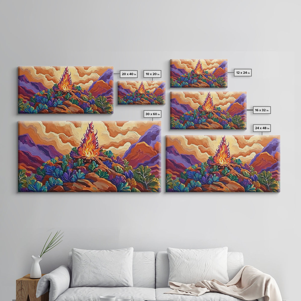 Campfire, Mountains, Glow, Vibrant campfire scene with colorful mountains and plants, Framed Canvas Print, rustic cabin wall art