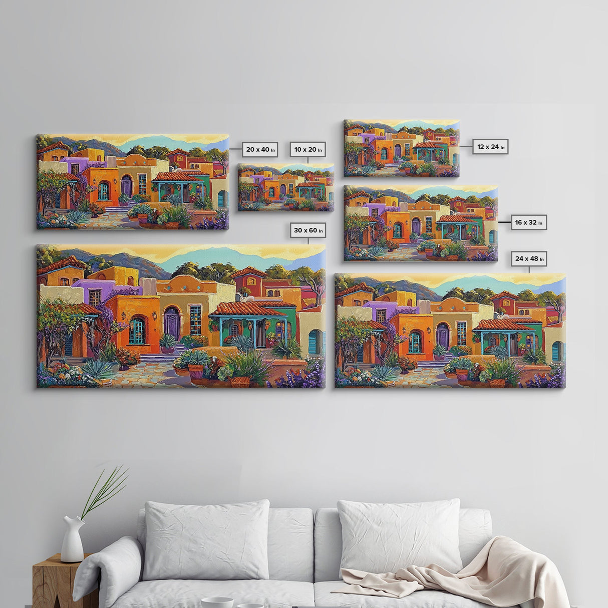 Colorful Adobe Homes, Desert Village Scene, Southwest Art Style, Canvas Print, Boho Wall Decor, Vibrant Courtyard Painting