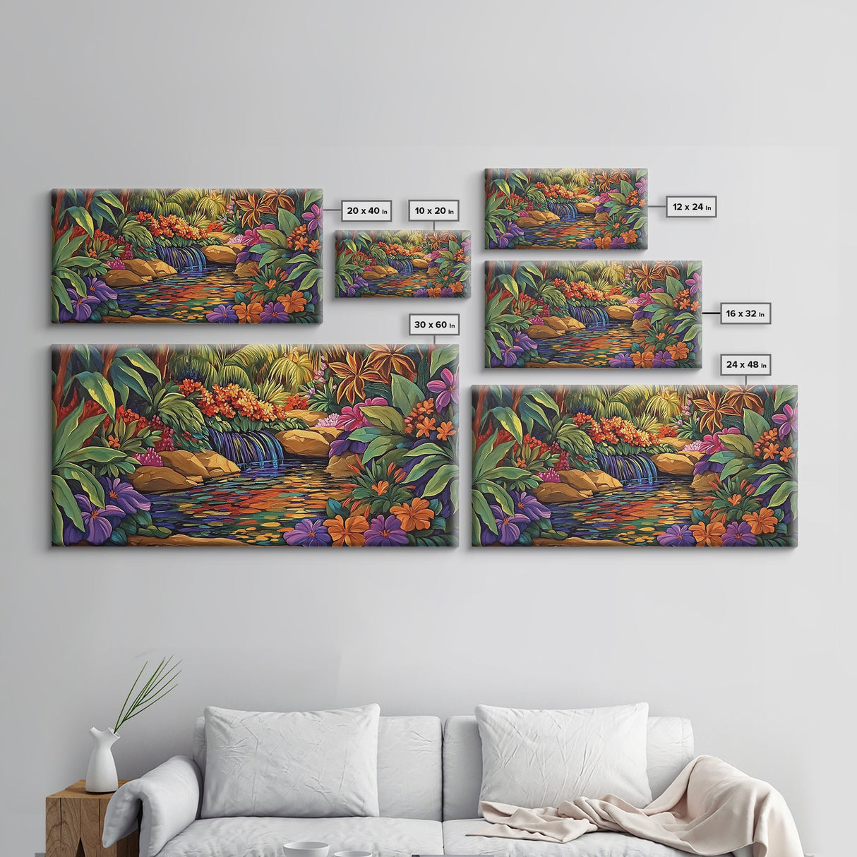 Jungle Waterfall, Floral, Vivid, Canvas Print, Botanical Wall Art, Tropical Home Decor, Boho Jungle Artwork, Bathroom Accent Piece