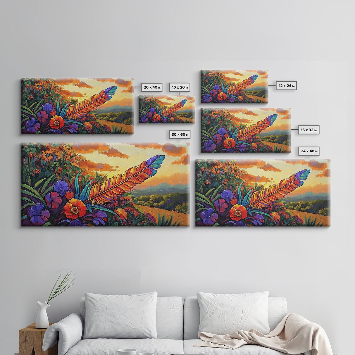 Feather Sunset, Flowers, Nature, Framed Canvas Print, Boho Feather Wall Art, Fall Home Decor, Living Room Autumn Art, Nature Painting