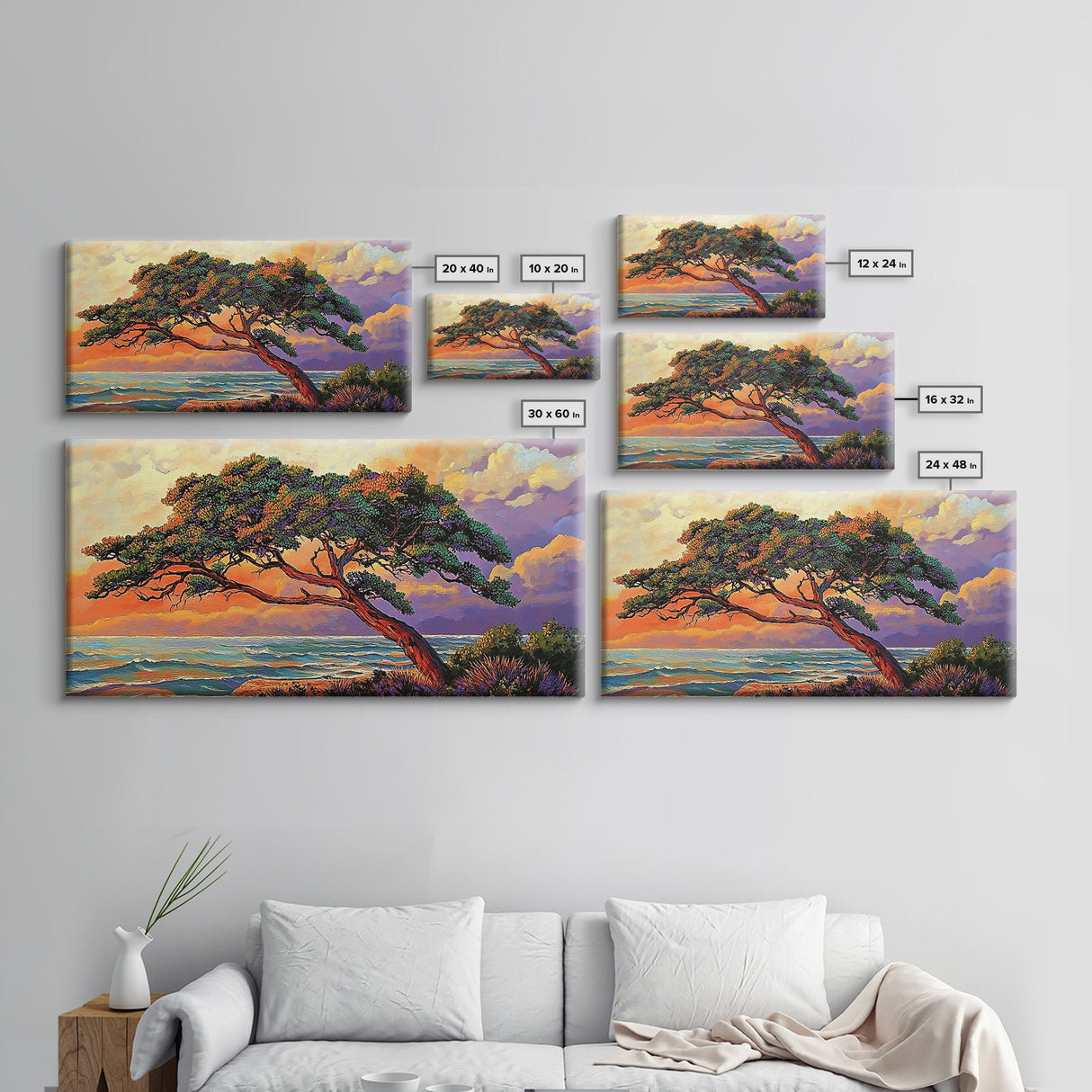 Tree Coast, Storm, Drama, Framed Canvas Print ocean pine tree artwork, landscape wall decor, moody nature art, living room accent