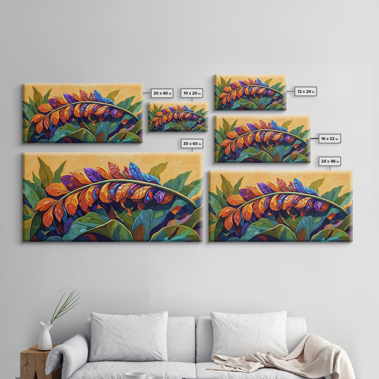Tropical Leaves, Bright, Fall, Framed Canvas Print, botanical fall wall art, colorful boho tropical leaves painting, kitchen home decor