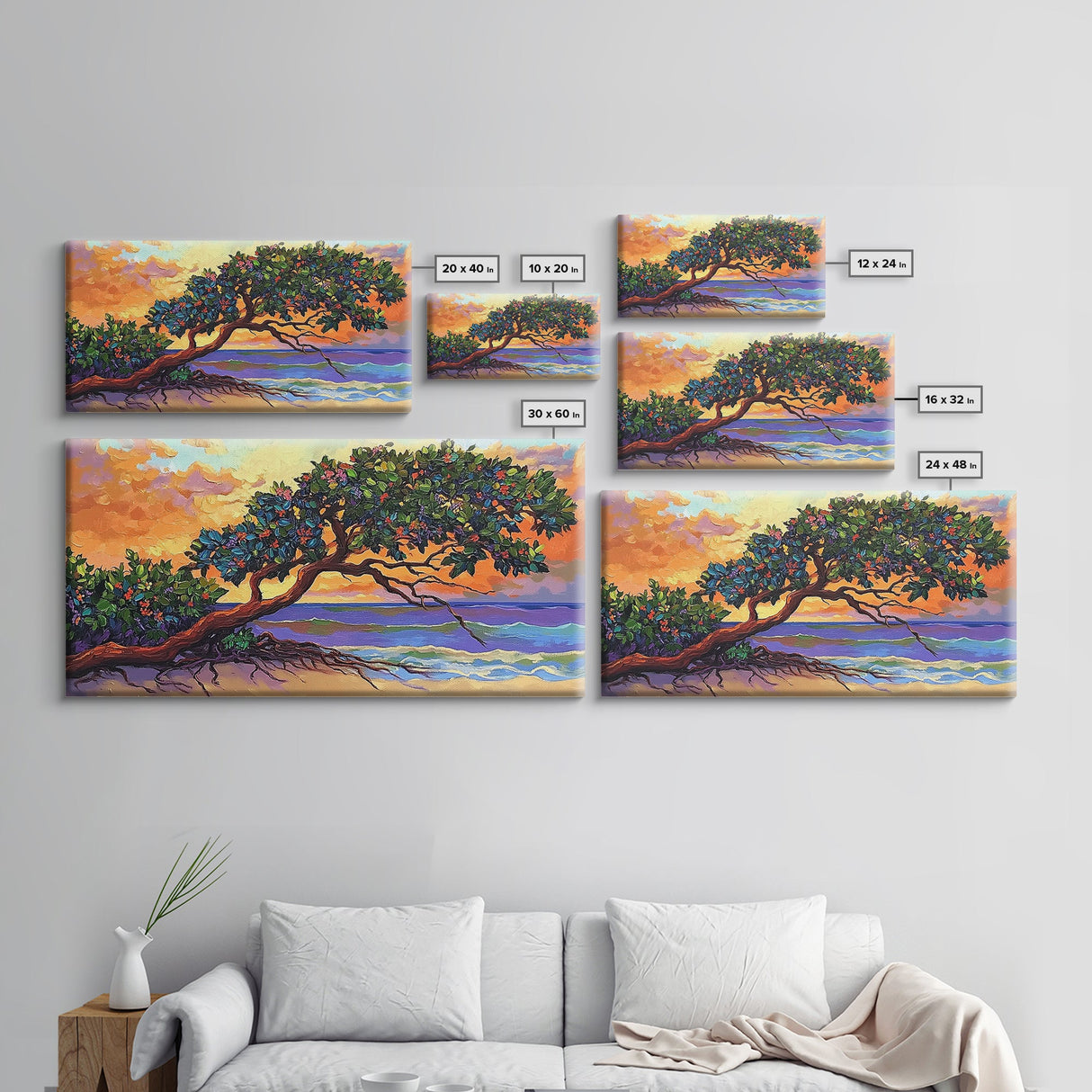 Tropical Tree, Beach, Sunset, Framed Canvas Print nature lover wall decor, boho coastal print, vibrant living room art, island art