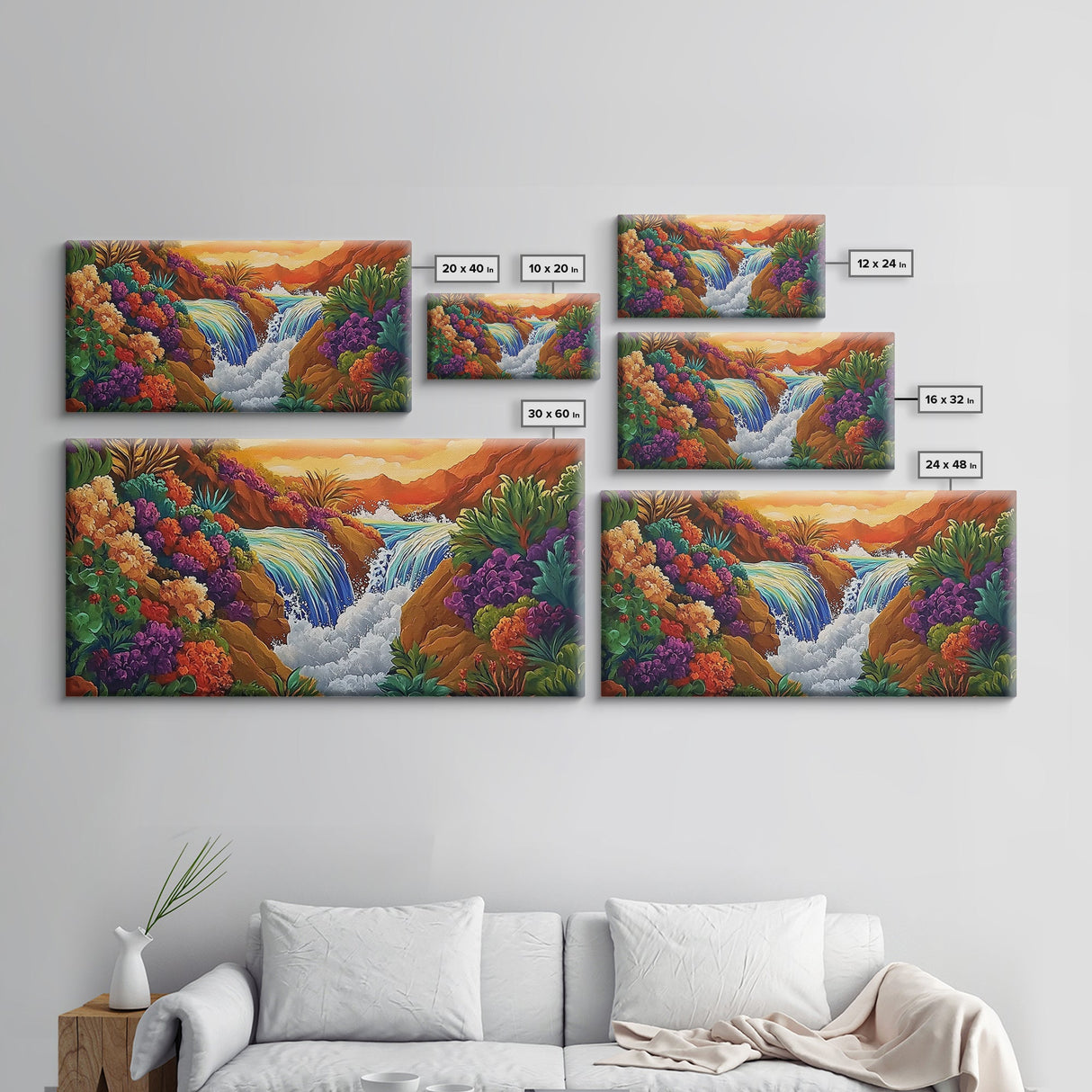 Sunset Waterfall, Vibrant Jungle, Tropical Landscape, Framed Canvas Print, Boho Wall Art, Bathroom or Bedroom Decor, Nature Painting