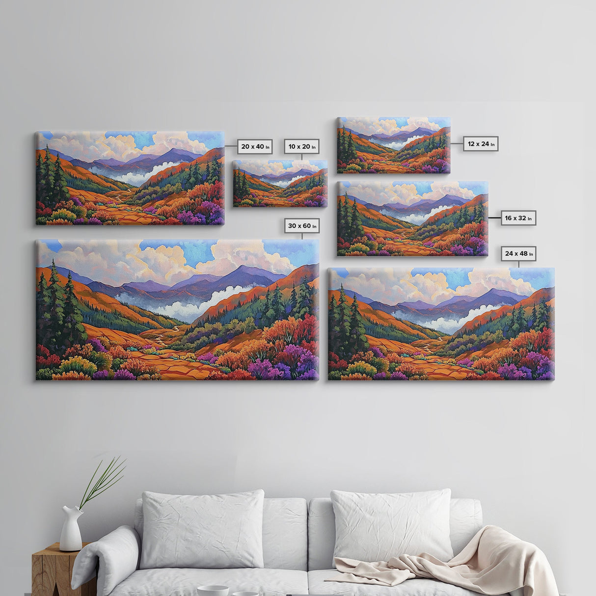 Mountain Valley, Wildflower Trail, Sunset Pathway, Canvas Print, Boho Wall Art, Bedroom or Hallway Decor, Vibrant Nature Painting