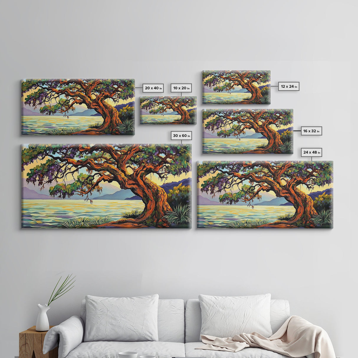 Twisted Tree, Lakeside Sunset, Majestic Oak, Canvas Print, Nature Wall Art, Living Room or Office Decor, Scenic Landscape Painting