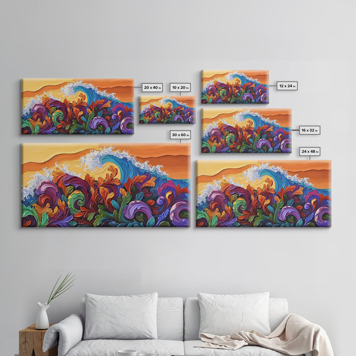 Abstract Wave, Tropical Swirl, Sunset Motion, Framed Canvas Print, Colorful Modern Wall Art, Living Room Decor, Bold Ocean Art