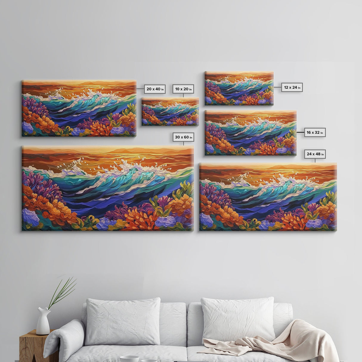 Ocean Bloom, Sunset Surf, Tropical Waves, Canvas Print, Vibrant Coastal Wall Art, Beach House Decor, Colorful Seascape Painting
