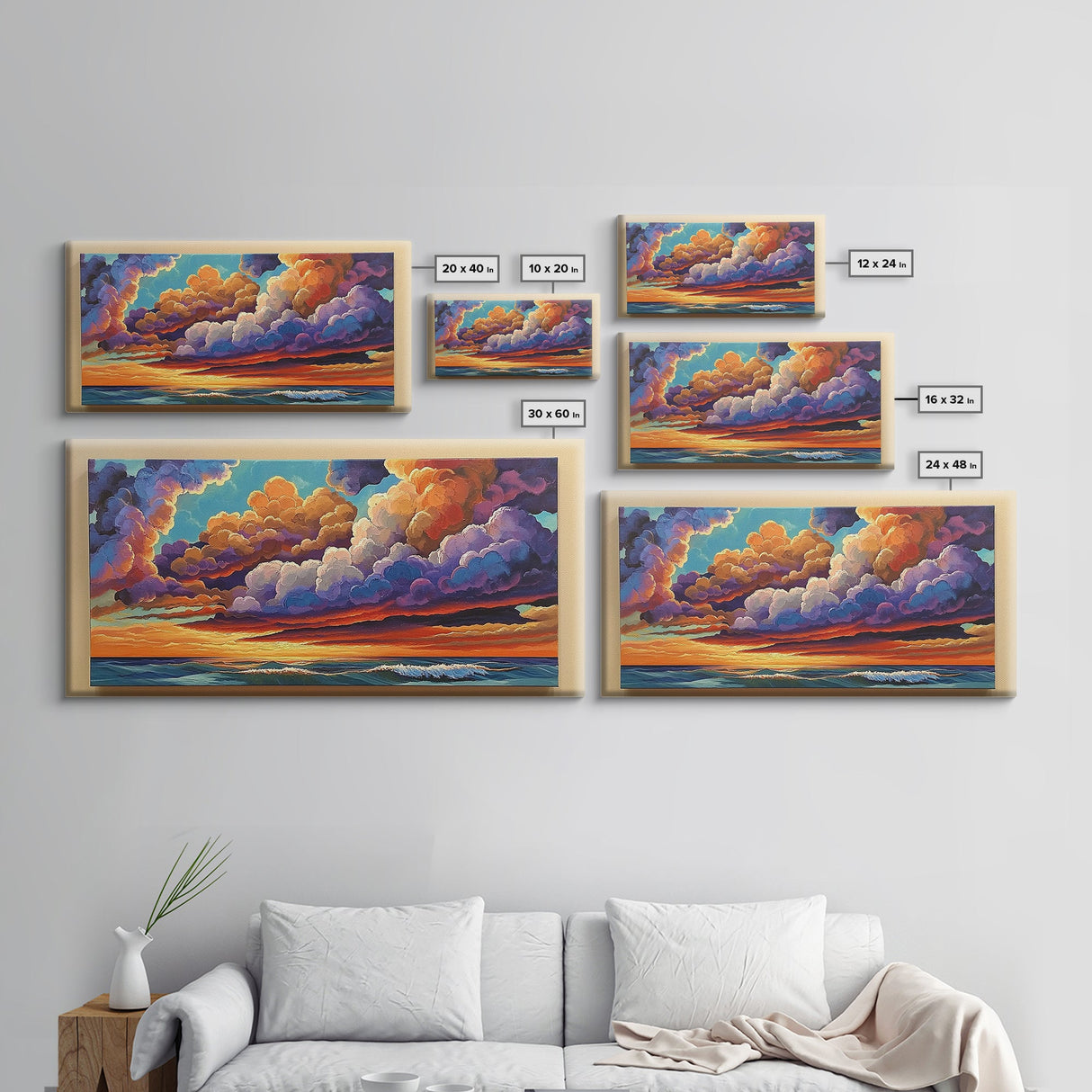 Sunset Sky, Ocean, Dreamscape, Canvas Print, colorful wall art, dreamy cloudscape, living room decor, vibrant fantasy atmosphere