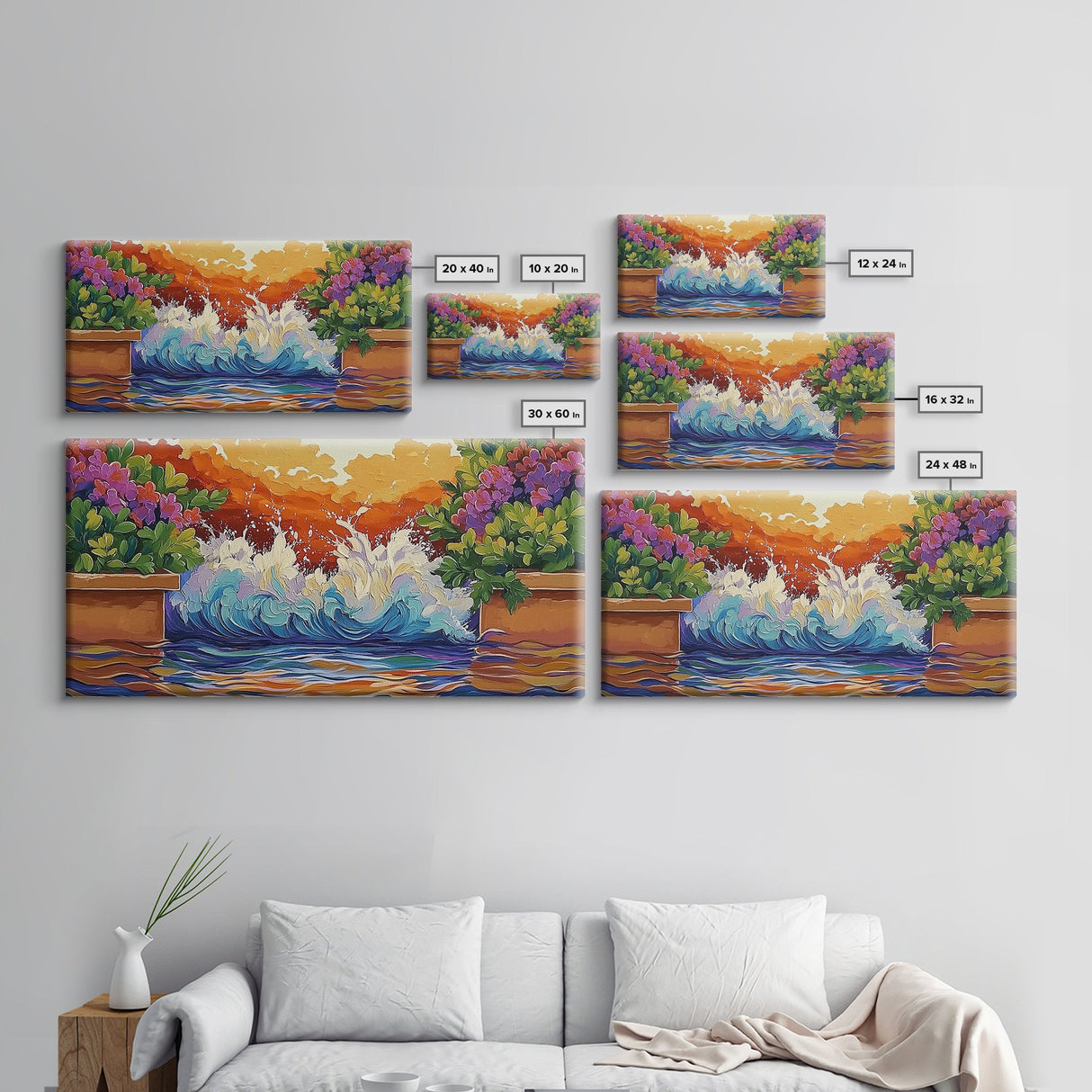 Splash Ocean, Garden, Patio, Canvas Print, bold wave crashing, vibrant tropical garden wall art, outdoor decor, boho coastal style