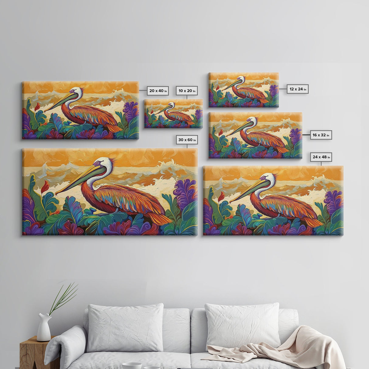 Pelican, Waves Tropical, Canvas Print, Bright tropical pelican artwork with ocean waves and foliage, great Bathroom Wall Art