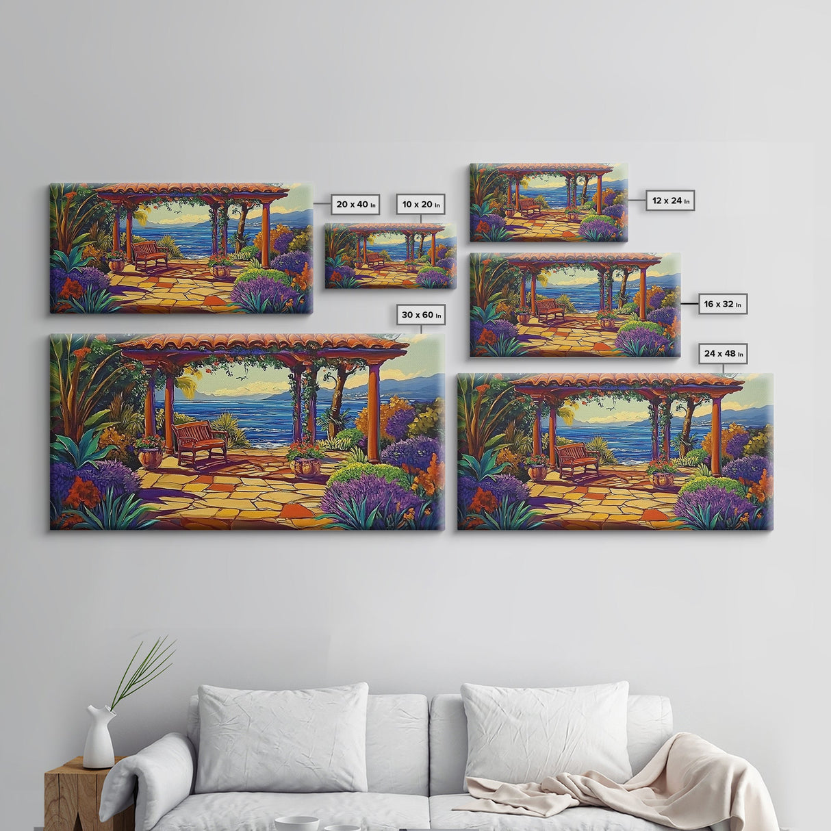 Garden Ocean View, Terrace, Framed Canvas Print, Serene garden bench by the ocean with colorful flowers, perfect Living Room Wall Art