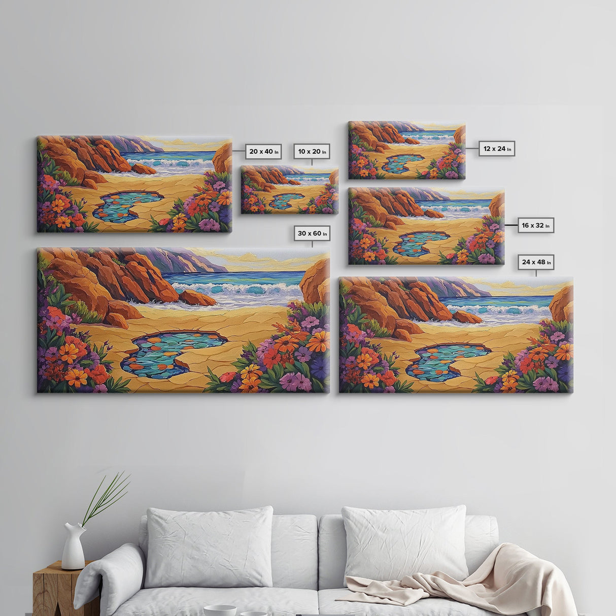 Tide Pool, Sandy Shore, Flower Beach, Canvas Print, Coastal Floral Wall Art, Vibrant Kitchen Art, Hallway Summer Decor