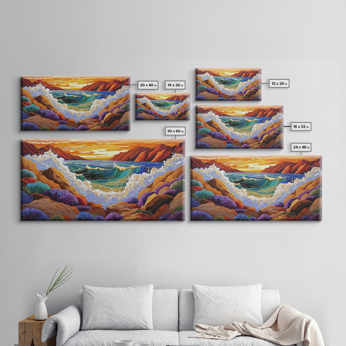 Wave Crash, Sunset Coast, Rocky Horizon, Canvas Print, Dramatic Seascape Wall Art, Ocean Inspired Living Room Art, Study Decor